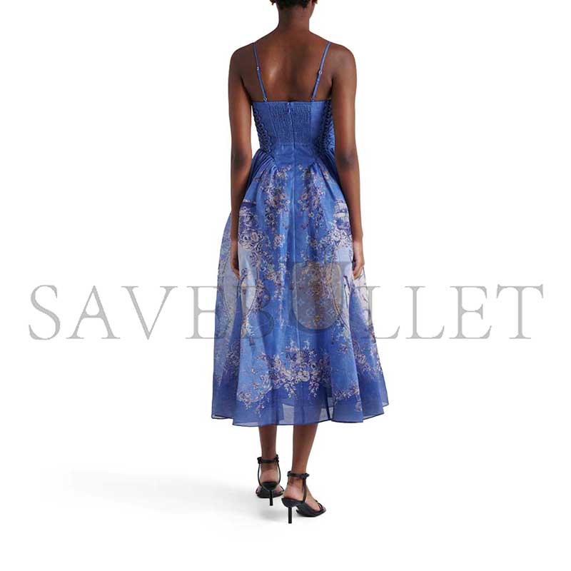 ZIMMERMANNREBELLION LACE-UP EMBELLISHED PLEATED GATHERED PRINTED LINEN AND SILK-BLEND MIDI DRESS P01129773